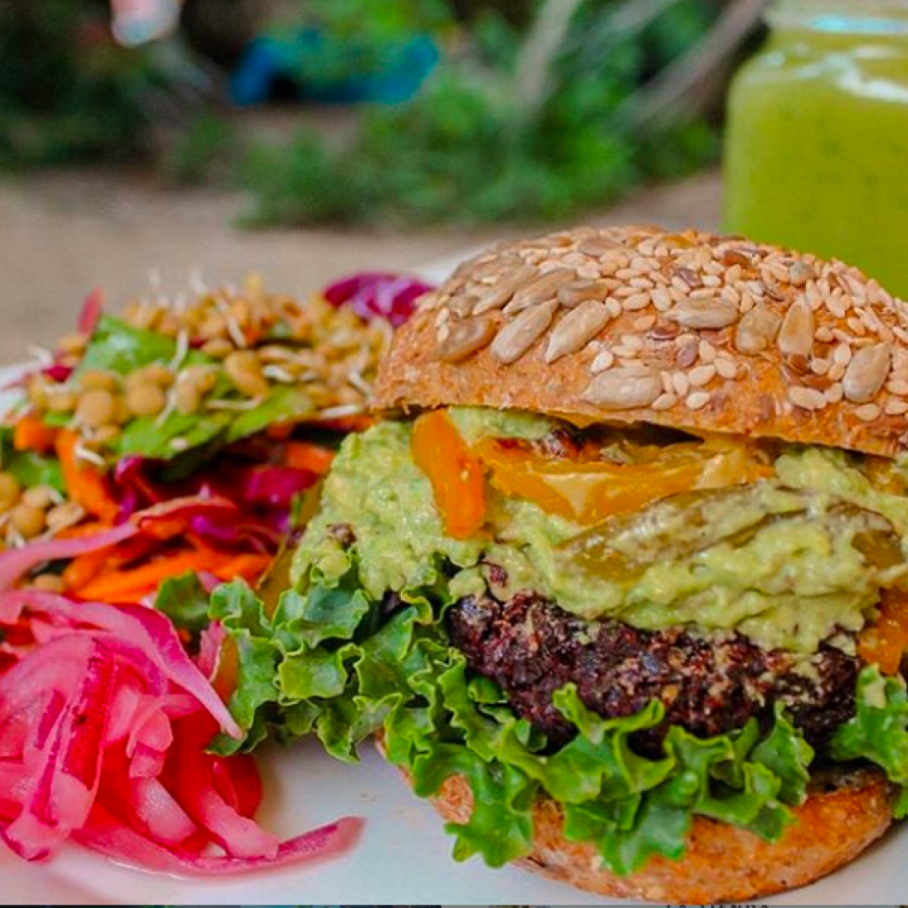 vegan burger at Co Con Amor in Tulum Mexico
