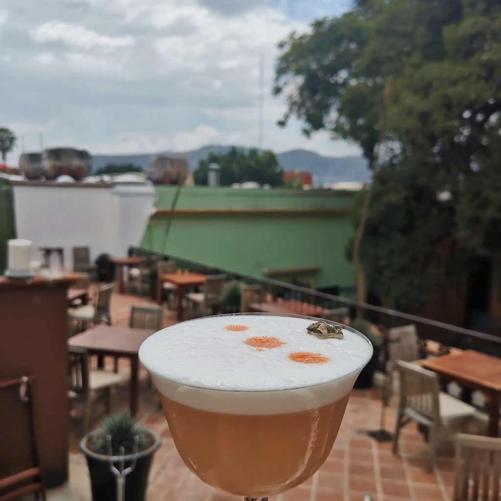 View of Oaxacan mountains from the rooftop terrace of Casa Oaxaca restaurant with an orange cocktail