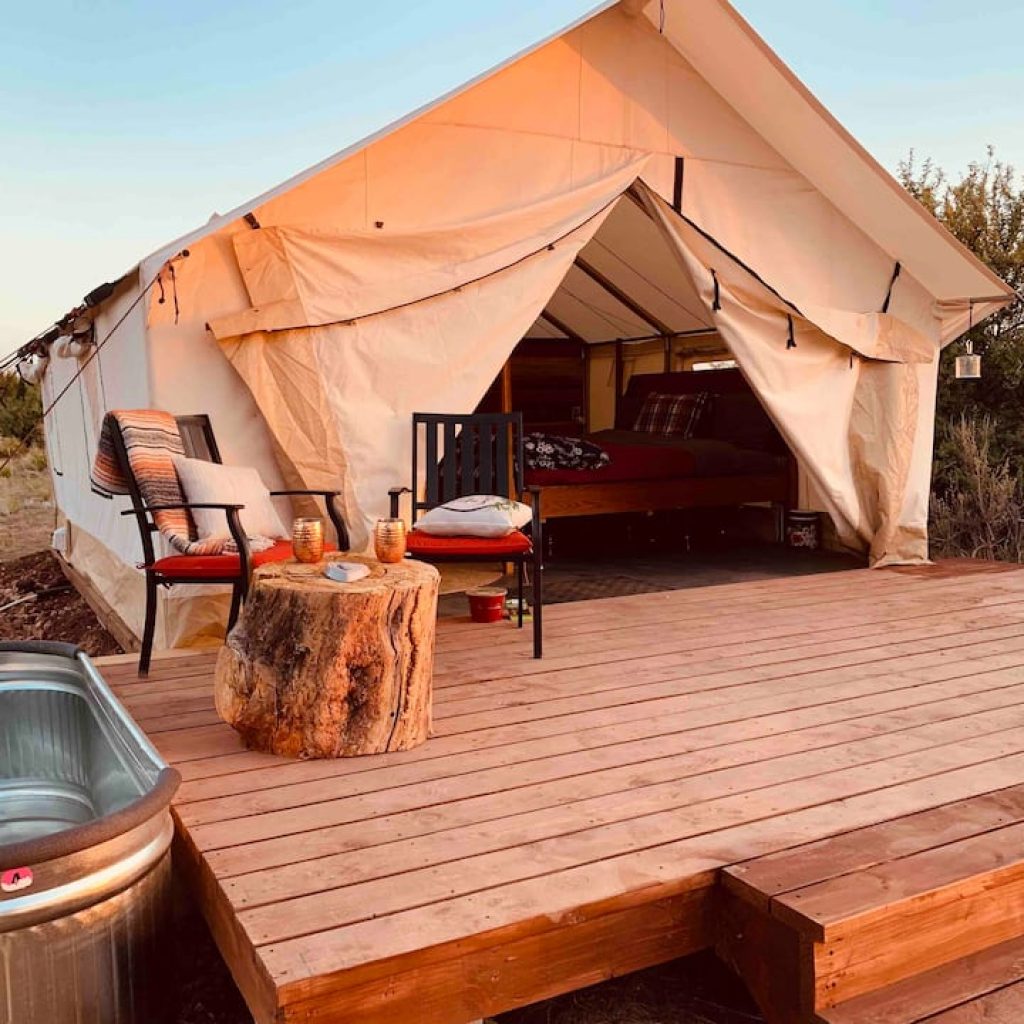 Large glamping tent with deck in the Grand Canyon South Rim for vacation rental
