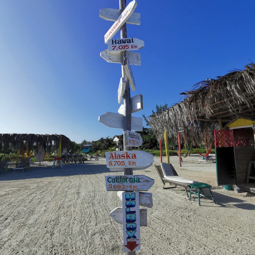 Tourist sign on the beach on the budget friendly Caribbean island of Holbox