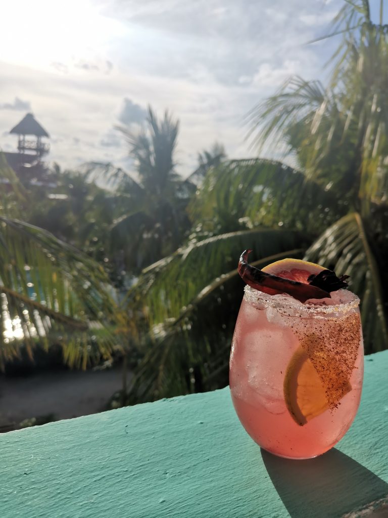 Happy hour discounted drinks including a spicy pink Mezcal cocktail overlooking palm trees and the sea at Alma Bar on Isla Holbox Mexico