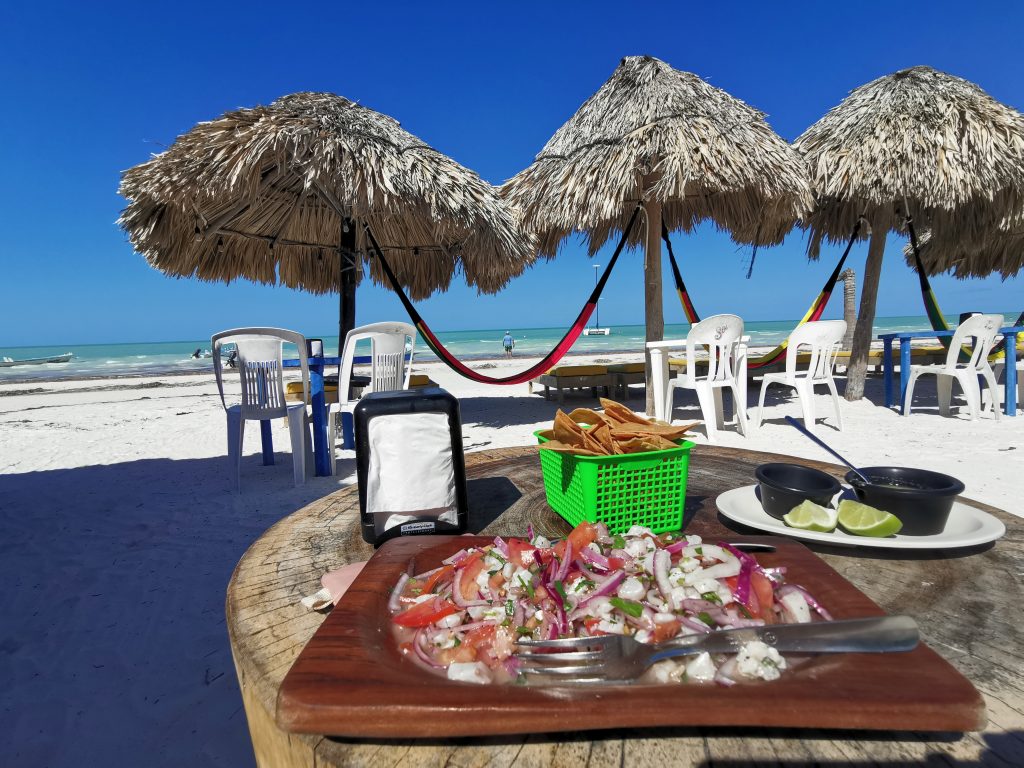 Cheap ceviche on the beach on Isla Holbox Mexico