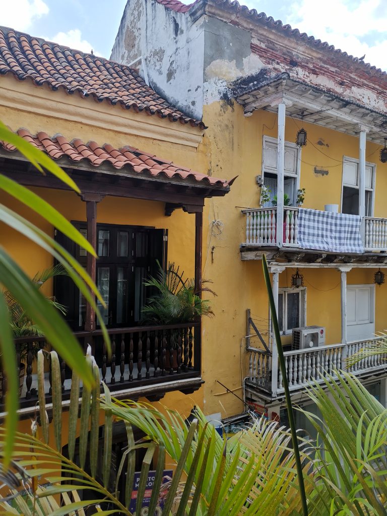 Yellow colonial housefronts and palm trees in tropical environment in Cartagena Colombia